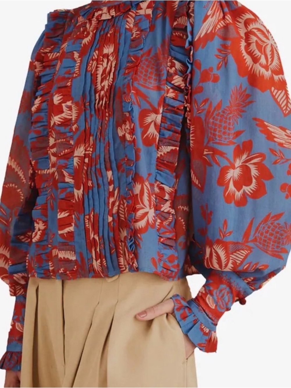 Farm Rio Floral Ruffle Peasant Blouse in Blue and Red
